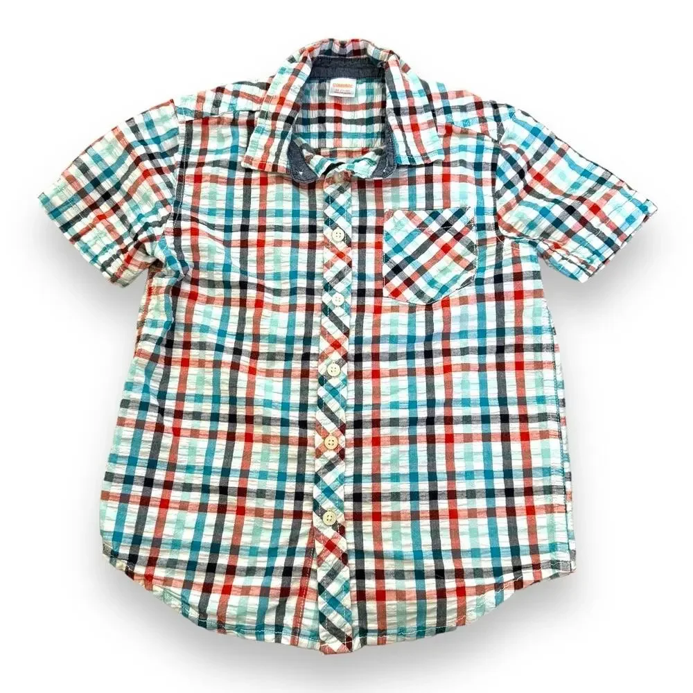 Gymboree Boys Shirt Sz M 7 8 Red White Blue Seersucker Check‎ Jungle Tour Button